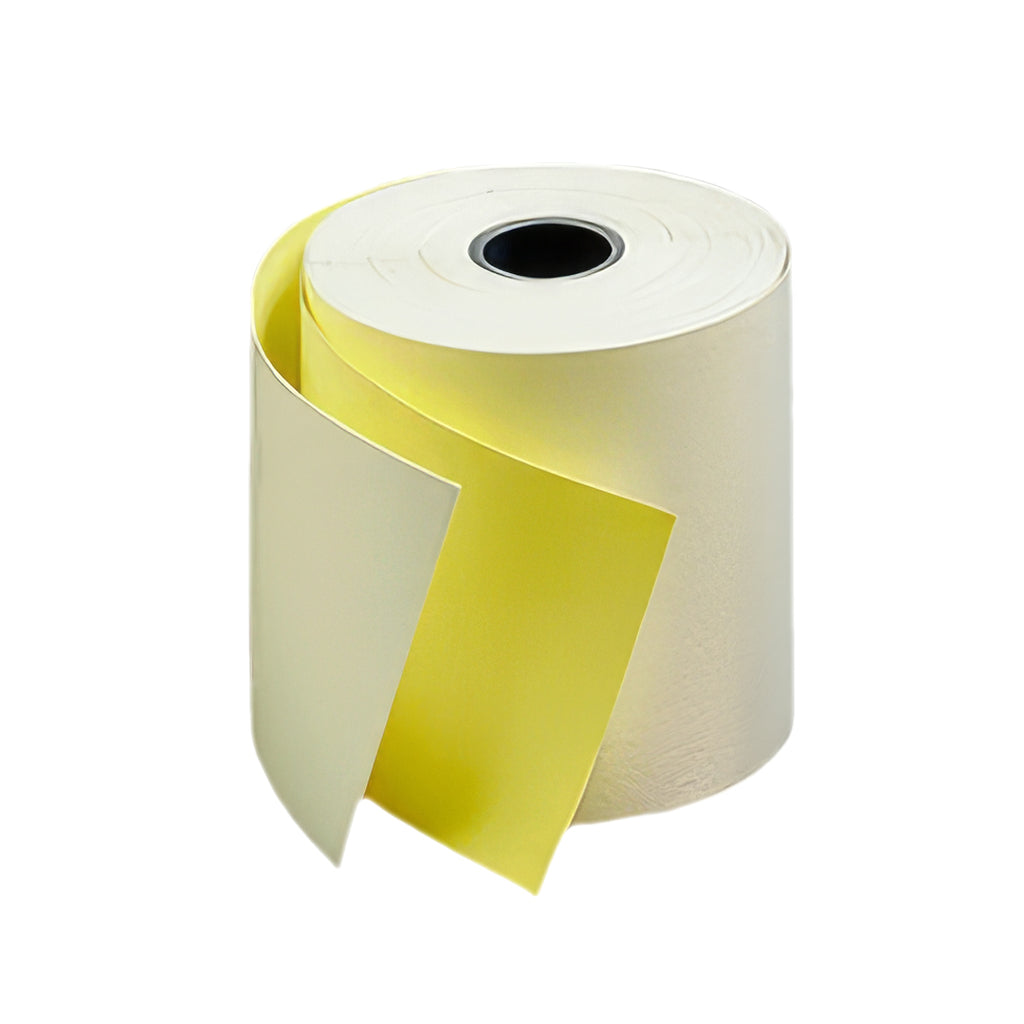 3" x 100' 2-Ply Carbonless Paper Rolls - White/Canary - 50 Rolls