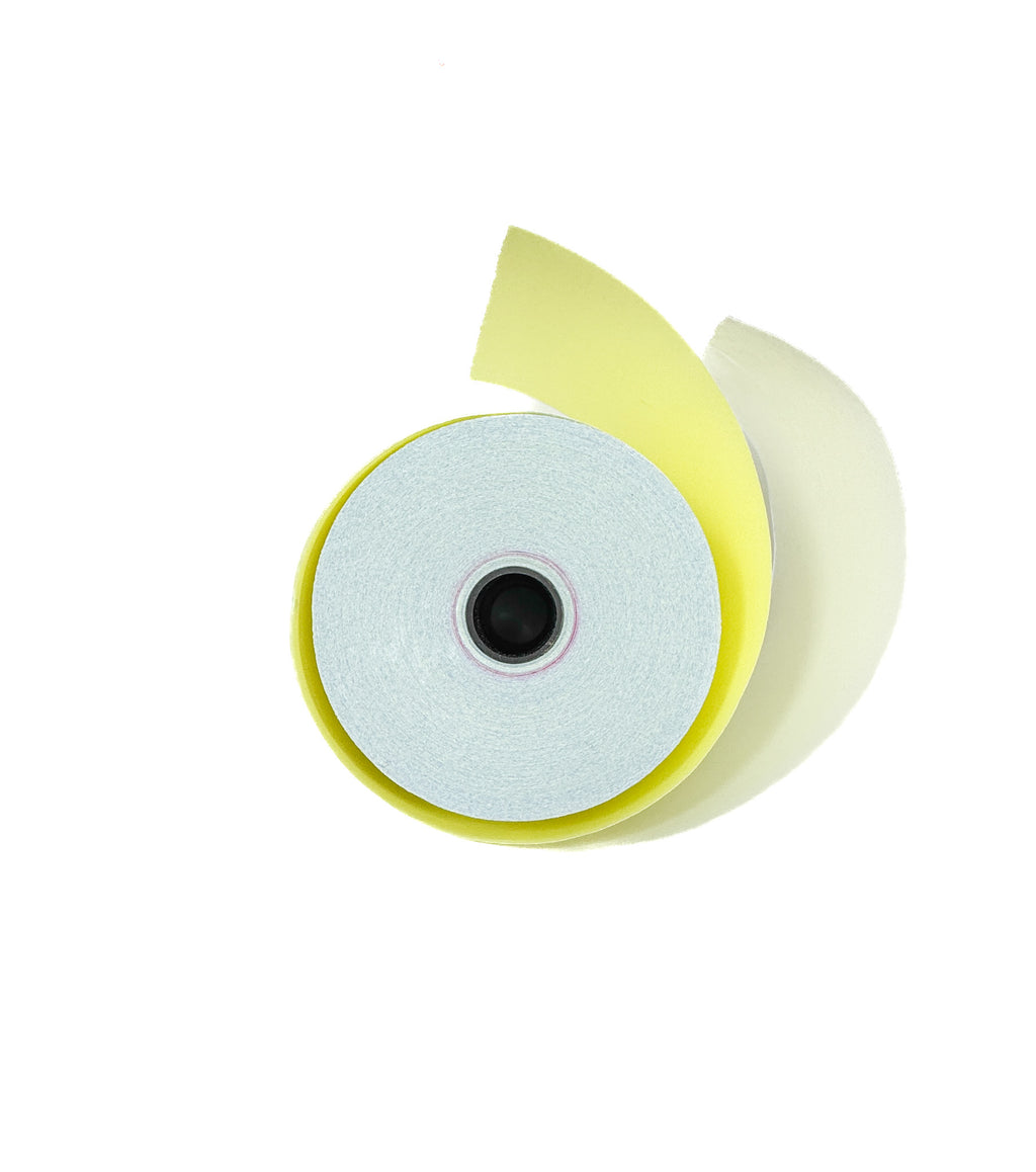 3" x 100' 2-Ply Carbonless Paper Rolls - White/Canary - 50 Rolls