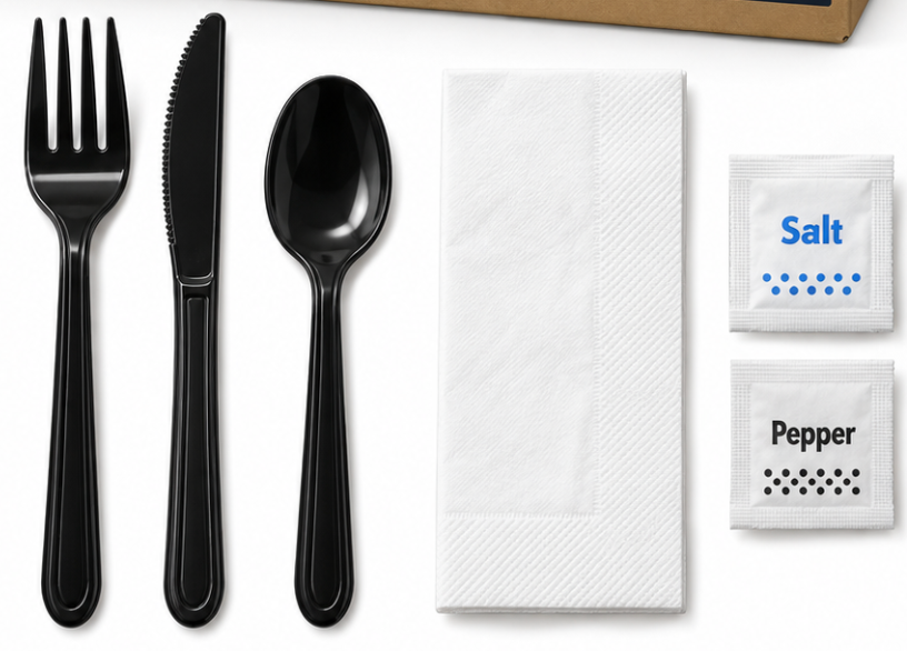 Medium Weight Cutlery Set – Fork, Knife, Spoon, Napkin, Salt & Pepper – 250/Case